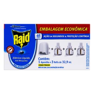 Repelente Elétrico Raid Aparelho+Refil 32,9ml Com 3 Unidades