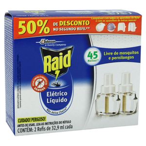 Repelente Elétrico Raid 32,9ml 45 Noites C/ 2 Un. Refil 50% De Desconto