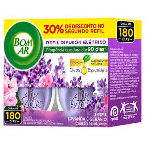 Pack Odorizador de Ambiente Lavanda e Gerânio Bom Ar Air Wick Caixa 16ml Cada 2 Unidades Grátis 30% de Desconto no Segundo Refil