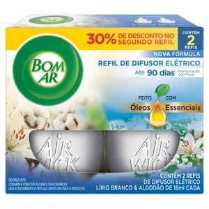 Pack Difusor de Ambiente Elétrico Lírio Branco & Algodão Bom Ar Air Wick Caixa 2 Unidades 16ml Cada Grátis 30% de Desconto no Segundo Refil