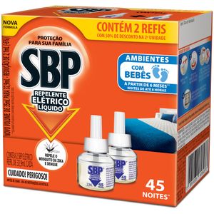 Repelente Líquido Elétrico SBP Caixa 2 Unidades 32,9ml Cada Grátis 50% de Desconto na 2ª Unidade Refil