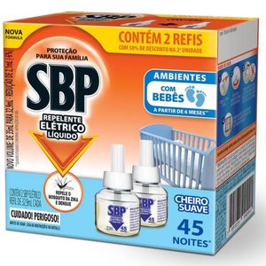 Repelente Líquido Elétrico Cheiro Suave SBP Caixa 2 Unidades 32,9ml Cada Grátis 50% de Desconto na 2ª Unidade Refil